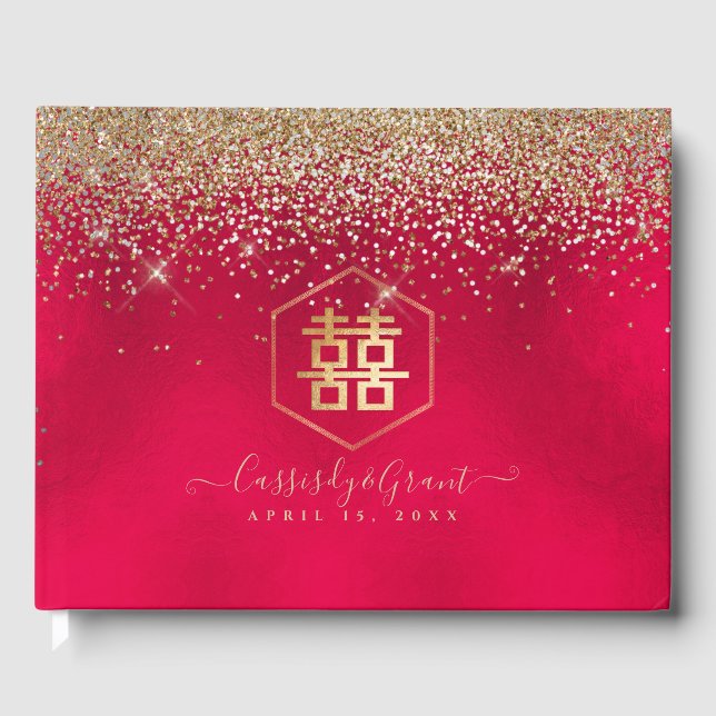 PixDezines Double Happiness Red Gold Glitzer Gästebuch (Vorderseite)