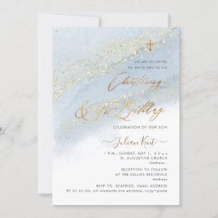 PixDezines Dusty Blau Gold Taufe 1. Geburtstag Einladung