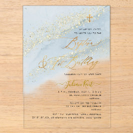 PixDezines Dusty Blue Gold Baptism+1st Birthday Acryleinladungen