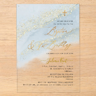 PixDezines Dusty Blue Gold Baptism+1st Birthday Acryleinladungen