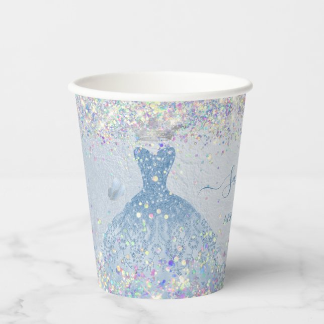 PixDezines Dusty Blue Quinceanera Holographic Pappbecher (Vorderseite)
