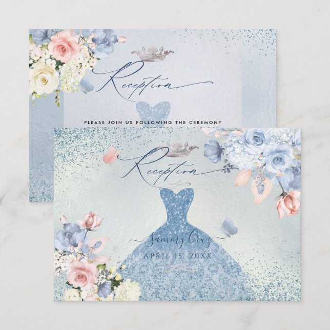 PixDezines Dusty Blue Rose Quinceanera Empfang Einladung (Vorne/Hinten)