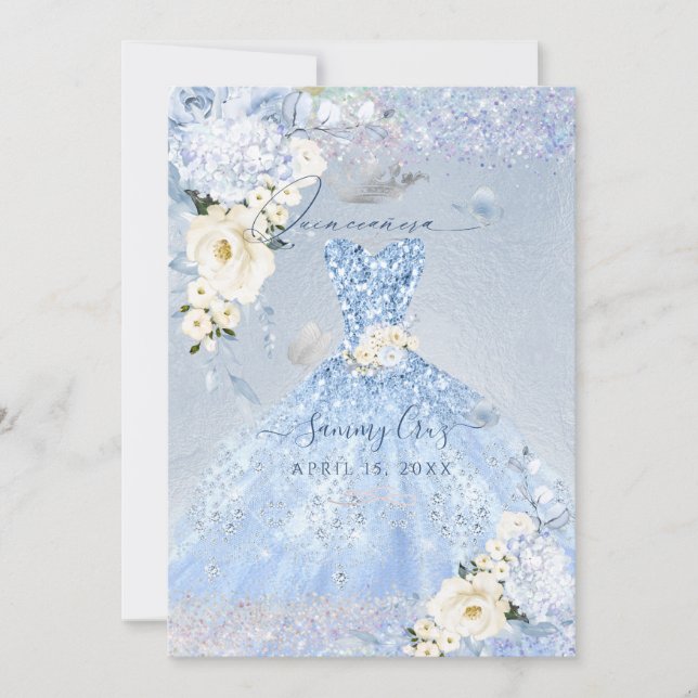 PixDezines Dusty Blue Rose Quinceanera Kleid Einladung (Vorderseite)