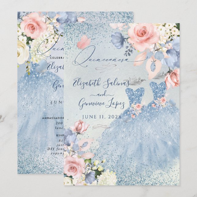 PixDezines Dusty Blue Rose Twins Quinceanera Einladung (Vorne/Hinten)