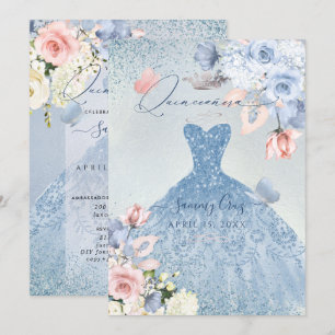PixDezines Dusty Blue Roses Quinceanera Invitation