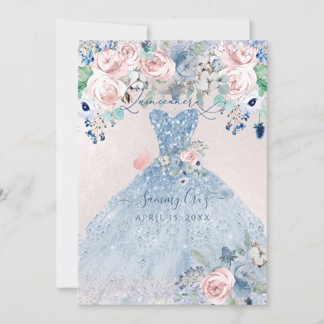PixDezines Dusty Pink Blue Peonies Quinceanera Einladung (Vorderseite)