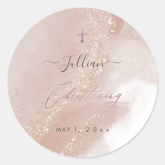 PixDezines Dusty Pink Rose Gold Christening Runder Aufkleber (Vorderseite)