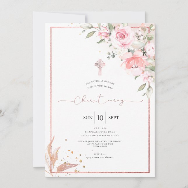 PixDezines Dusty Pink Roses Christening Einladung (Vorderseite)