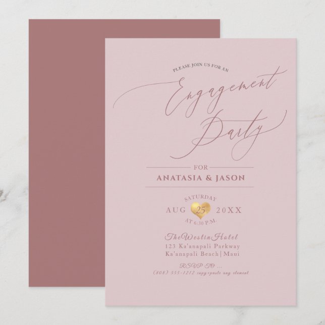 PixDezines Dusty Rose Calligrafy Engagement Party Einladung (Vorne/Hinten)