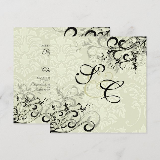 PixDezines EBONY WIRBEL/IVORY BAROQUE DAMASK Einladung (Vorne/Hinten)
