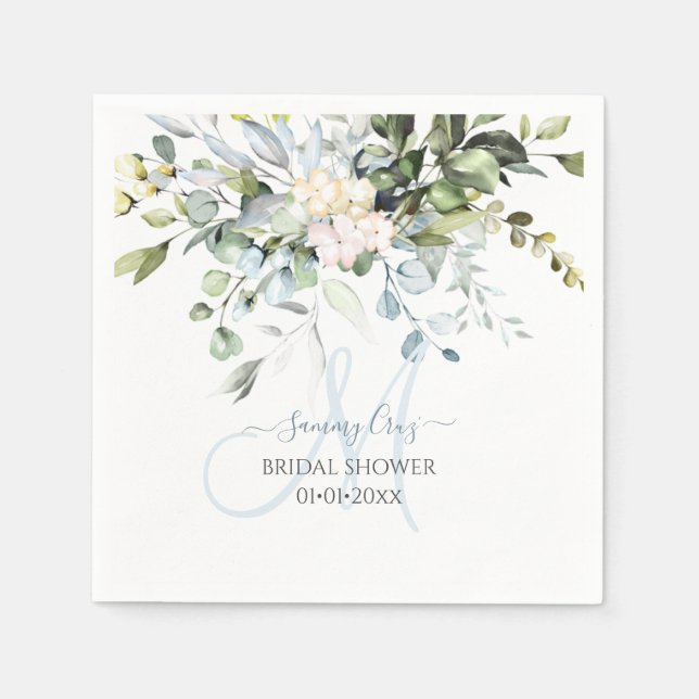 PixDezines Elegant Blue Gum Eucalyptus Monogram Serviette (Vorderseite)