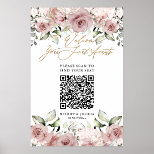 PixDezines Eleganter Dusty Pink Rosen QR Sitzplan Poster