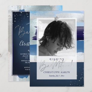 PixDezines Farbblock Blues+Silver Bar Mitzvah Einladung