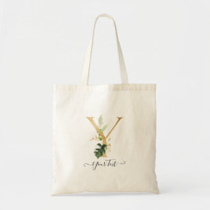 PixDezines Faux Gold Monogram Tropisches Blattwerk Tragetasche