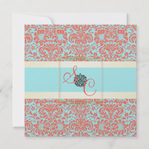 PixDezines Fidora Blau+Koralle Vintage Damast Einladung