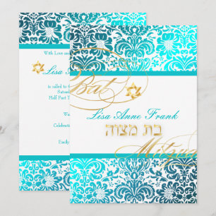 PixDezines FIDORA DAMASK BAT MITZVAH, TURQUOISE Einladung