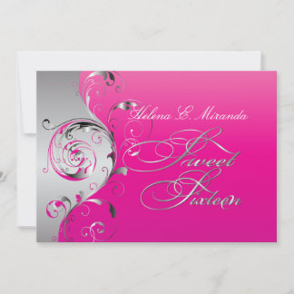 PixDezines Filigree+Wirbel/silber+heiß rosa Einladung