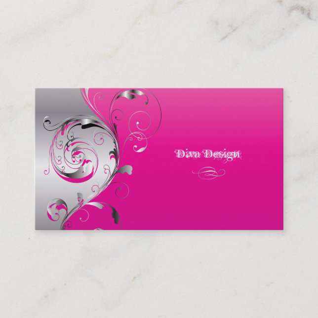 PixDezines Filigree+Wirbel/silber+hot pink Visitenkarte (Vorderseite)