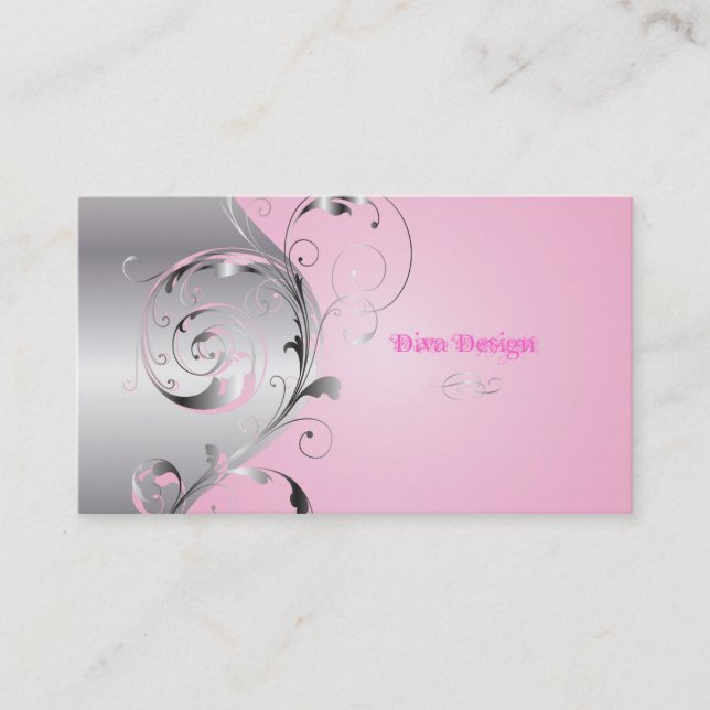 PixDezines Filigree+Wirbel/silber+posa pink Visitenkarte (Vorderseite)
