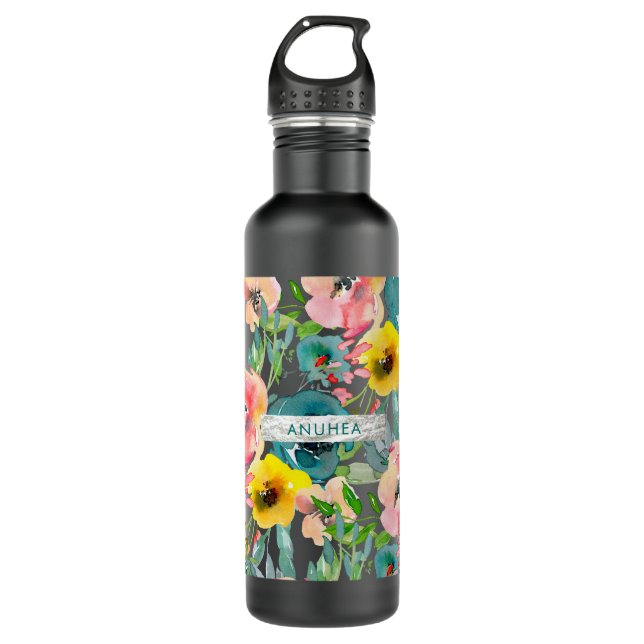 PixDezines Floral Wasserfarbe Aquamarin, gelb Edelstahlflasche (Vorderseite)