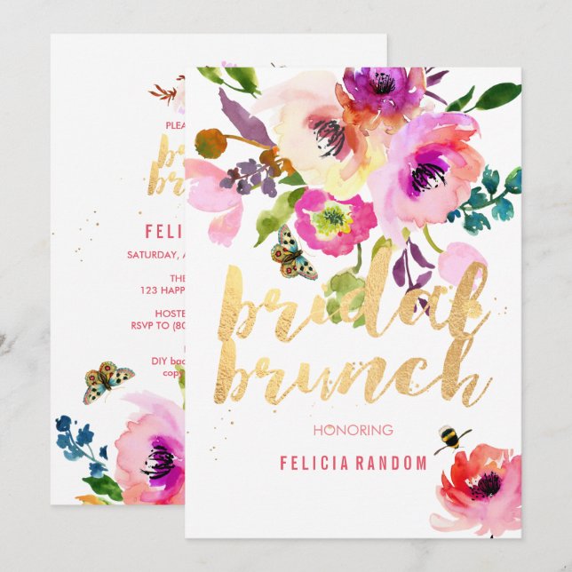 PixDezines Floral Wasserfarbe Bridal Brunch/DIY Einladung (Vorne/Hinten)