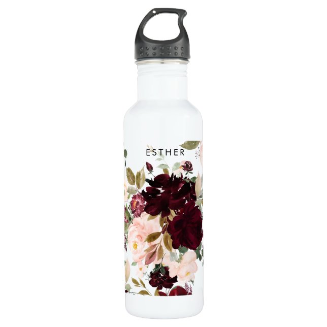 PixDezines Floral Wasserfarbe Pinselspitzen Burgun Edelstahlflasche (Vorderseite)