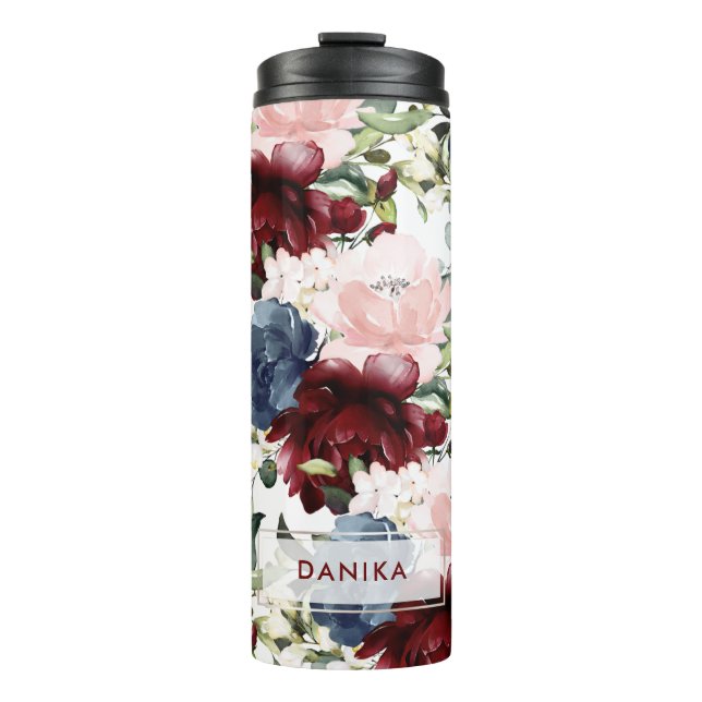 PixDezines Floral Wasserfarbe Rote Burgund Marine Thermosbecher (Vorderseite)