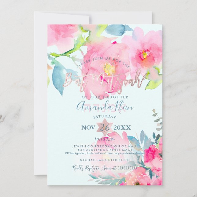 PixDezines Floral Watercolor Bat Mitzvah Einladung (Vorderseite)