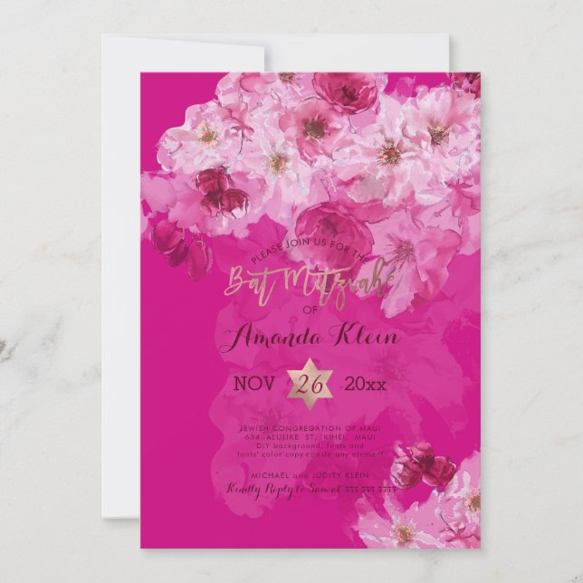 PixDezines Floral Watercolor Bat Mitzvah Einladung (Vorderseite)