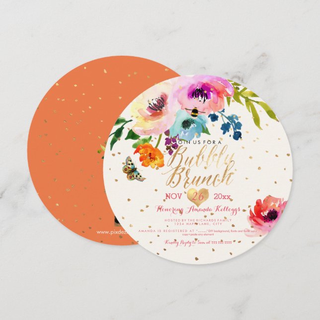 PixDezines Floral Watercolor Brunch+Bubble Einladung (Vorne/Hinten)