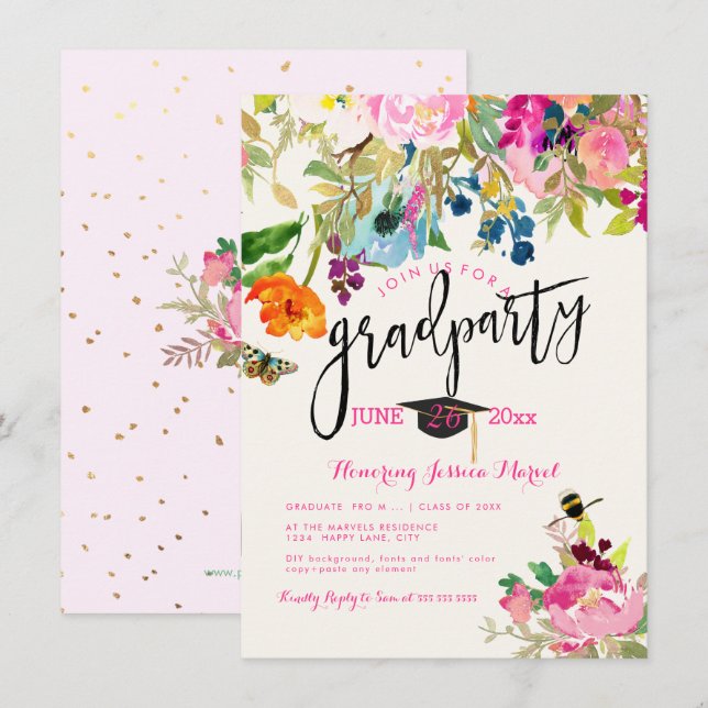 PixDezines Floral Watercolor Graduation Party Einladung (Vorne/Hinten)