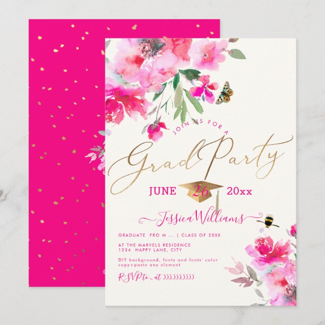 PixDezines Floral Watercolor Graduation Party Einladung (Vorne/Hinten)