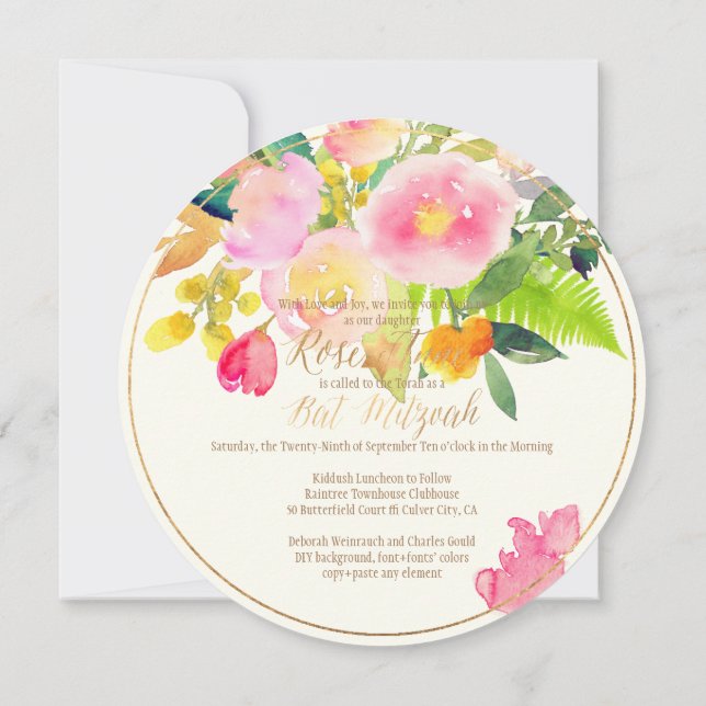 PixDezines Floral Watercolor/Peonies/Bat Mitzvah Einladung (Rückseite)