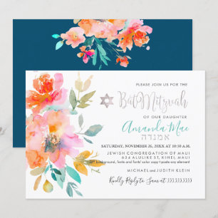PixDezines Florale Aquarell Bat Mitzwa, Orange Einladung