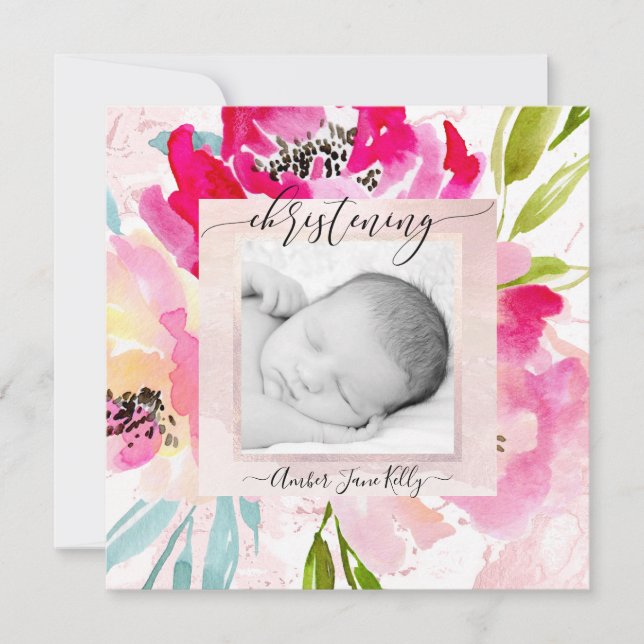 PixDezines Foto Christening Watercolor Blume Einladung (Vorderseite)