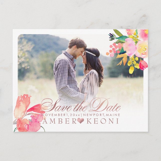 PixDezines Frühlingsflorale Save the Date/Rose Gol Ankündigungspostkarte (Vorderseite)