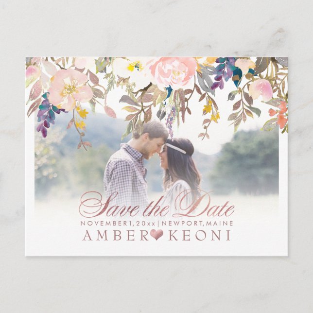 PixDezines Frühlingsflorale Save the Date/Rose Gol Ankündigungspostkarte (Vorderseite)
