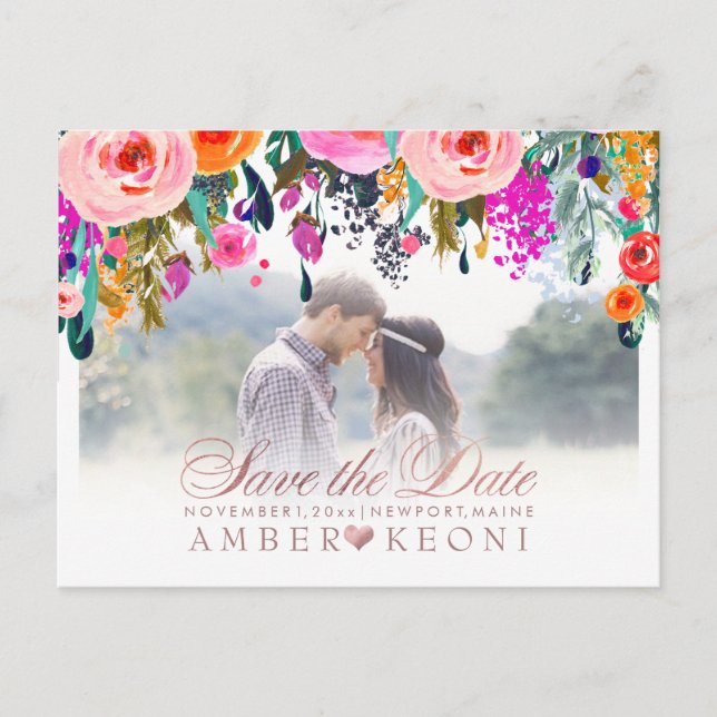 PixDezines Frühlingsflorale Save the Date/Rose Gol Ankündigungspostkarte (Vorderseite)