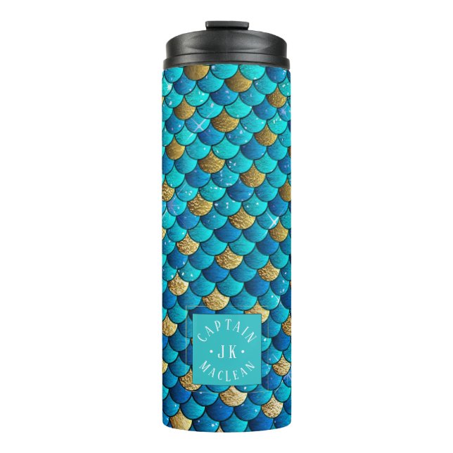 PixDezines Glitzer Mermaid Scales, Aquatic Blues Thermosbecher (Vorderseite)