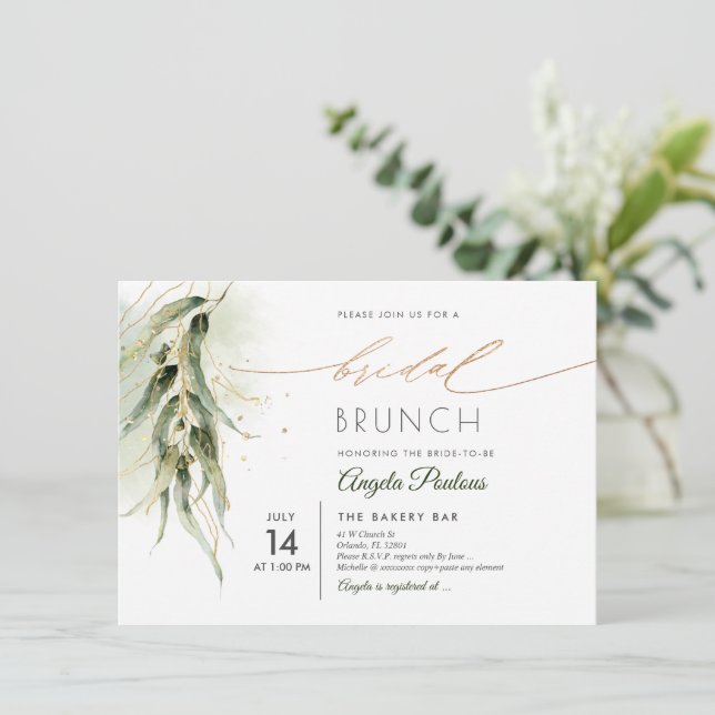PixDezines Green Gold Eucalyptus Bridal Brunch Einladung (Stehend Vorderseite)