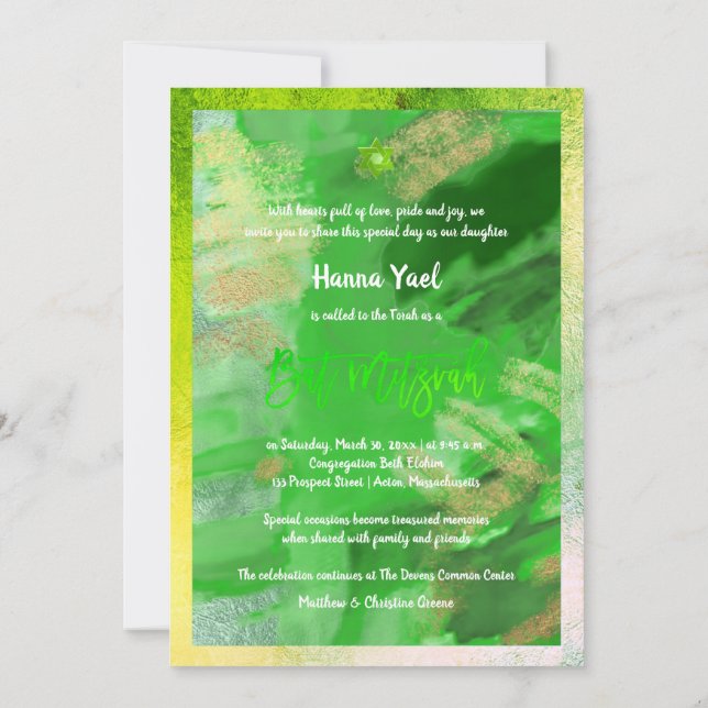 PixDezines Green Wassercolor Abstrakt Bat Mitzvah Einladung (Rückseite)