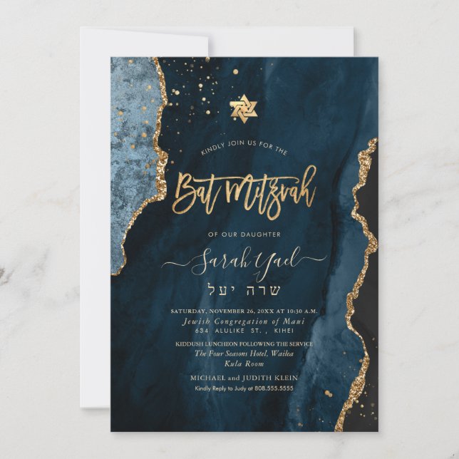 PixDezines H2 Agate, Slate Blue Gold Bat Mitzvah I Einladung (Vorderseite)