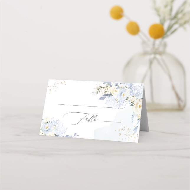 PixDezines H2 Blue Hydrangeas Alabaster Roses Platzkarte (Vorderseite)