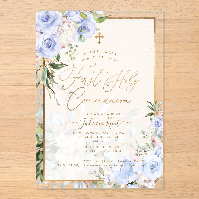 PixDezines H2 Blue Roses First Holy Communion Acryleinladungen (Vorderseite)