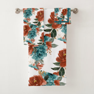 PixDezines H2 Blumen Teal Rost Orange Rosen Badhandtuch Set