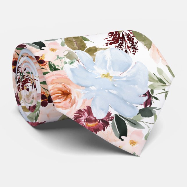 PixDezines H2 Blush Pink Dusty Blue Flowers  Krawatte (Gerollt)