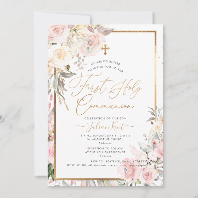 PixDezines H2 Blush Rose Erste Heilige Kommune Einladung (Vorderseite)