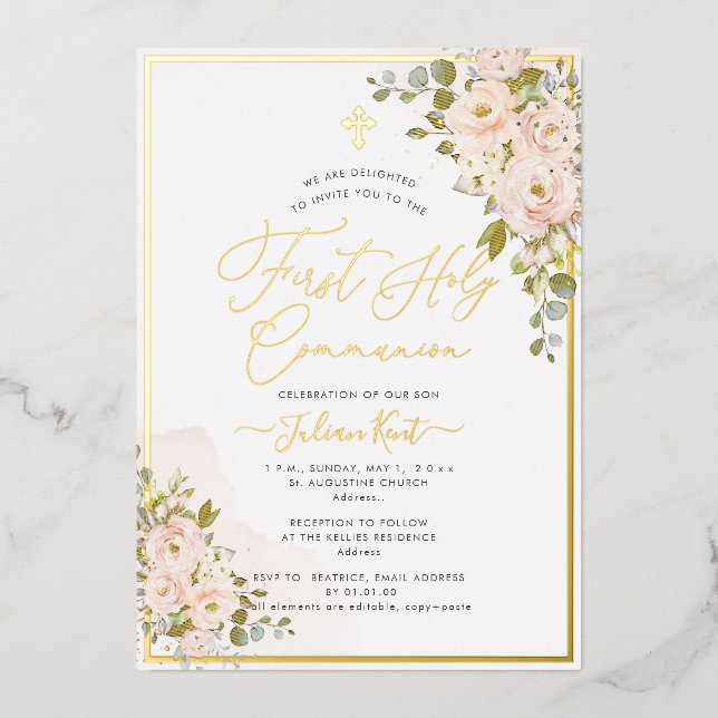 PixDezines H2 Blush Rose Erste Heilige Kommune Folieneinladung (Vorderseite)