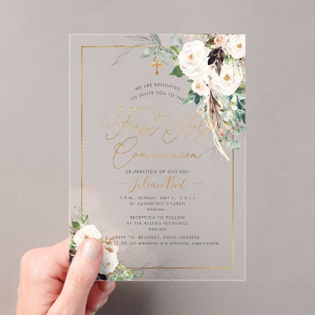 PixDezines H2 Blush Roses First Holy Communion Acryleinladungen (Insitu (Handheld))