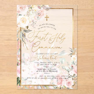 PixDezines H2 Blush Roses First Holy Communion Acryleinladungen